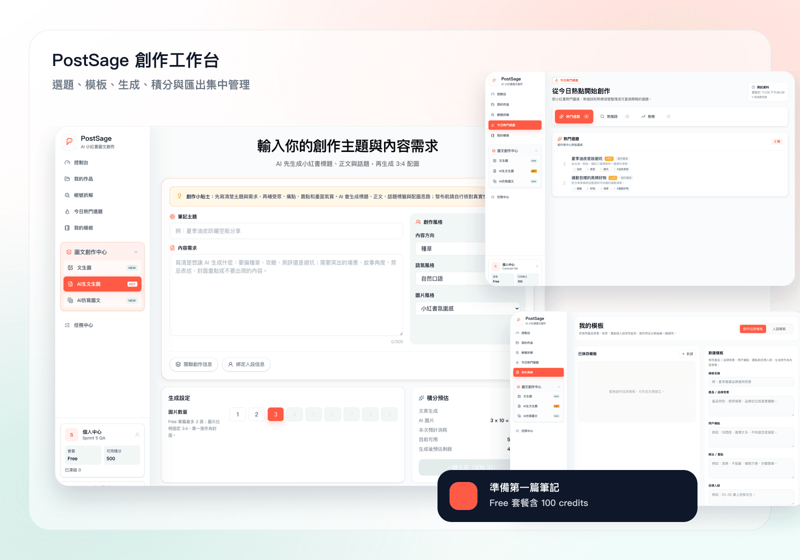 PostSage 創作工作台產品畫面，包含一鍵圖文、今日熱門選題與我的模板。